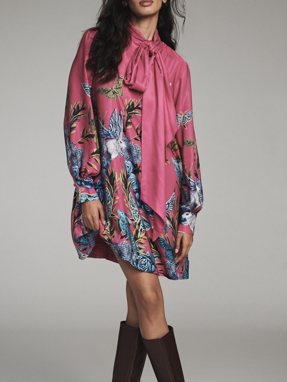 Anthropologie Caroline Tie-Neck Long-Sleeve Mini Dress Maeve Small Silken Pink